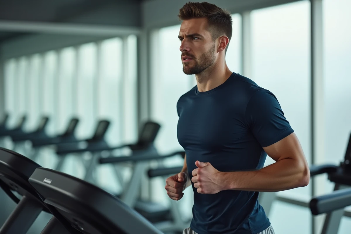 Homme courant sur un tapis de course à jeun dans une salle de sport moderne