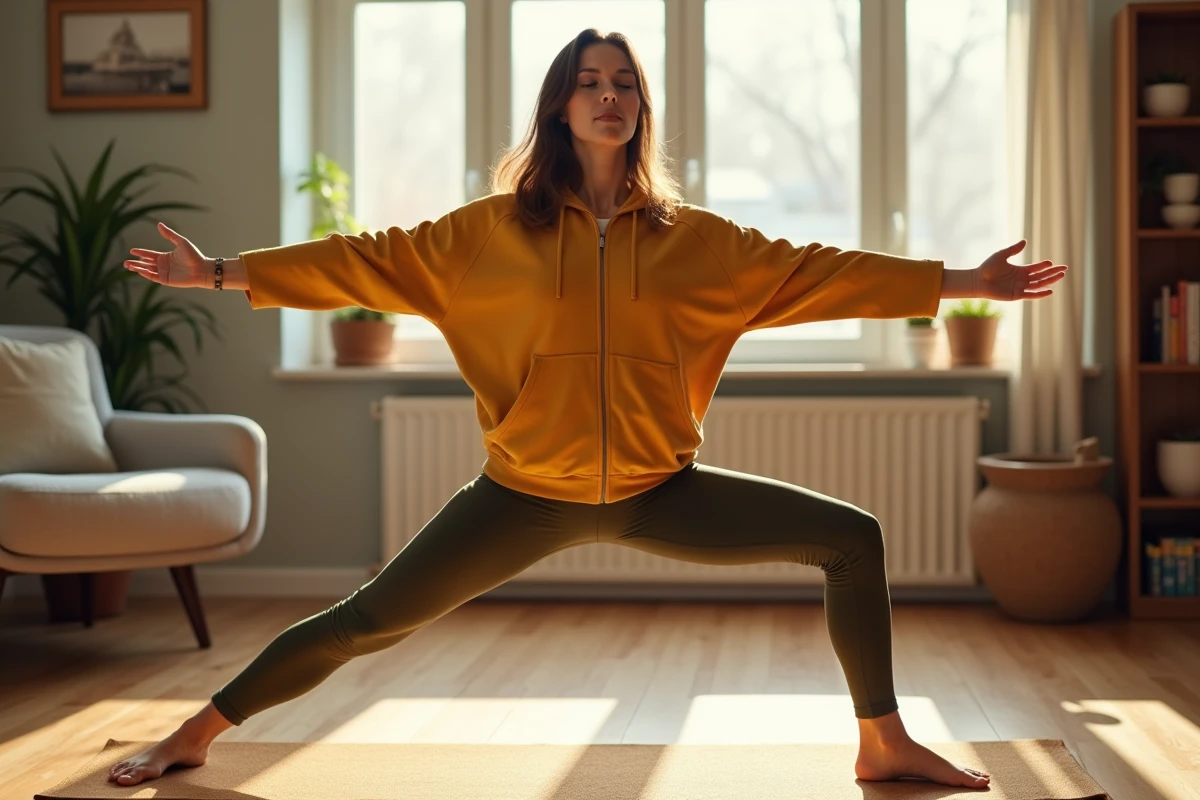 Femme pratiquant le yoga à jeun le matin dans son salon pour brûler les graisses