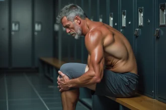 Homme d'âge moyen tenant son genou douloureux dans un vestiaire de salle de sport, illustrant les douleurs articulaires liées à l'activité physique