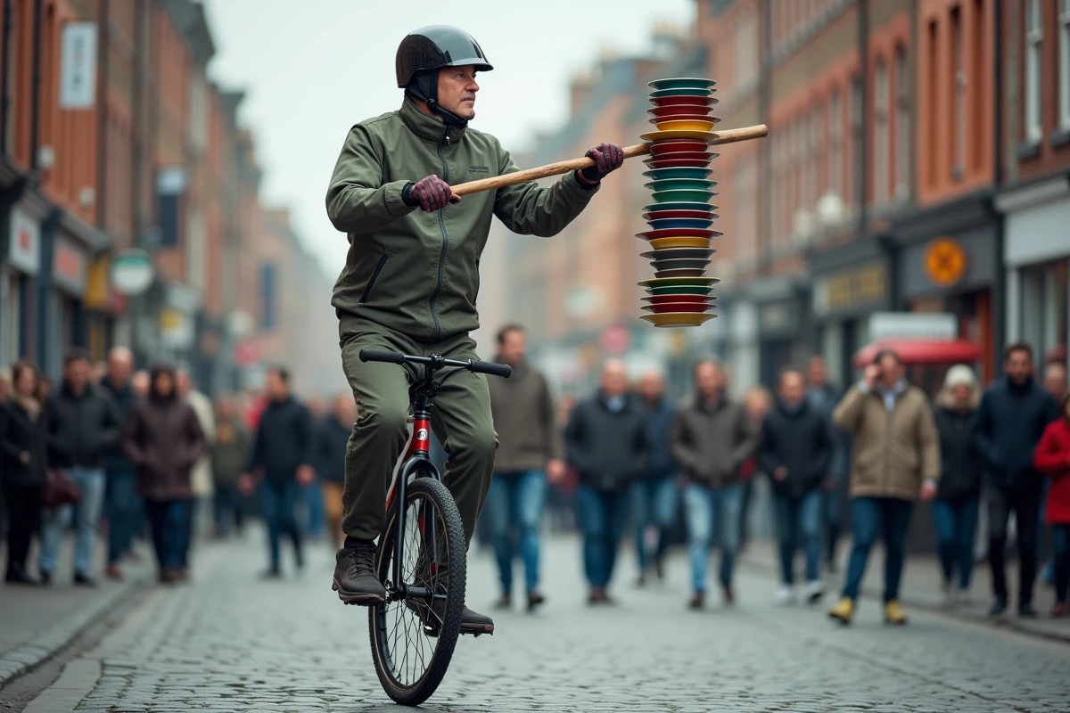 Homme en monocycle équilibrant des assiettes dans une rue pavée, sport insolite et acrobatique en milieu urbain