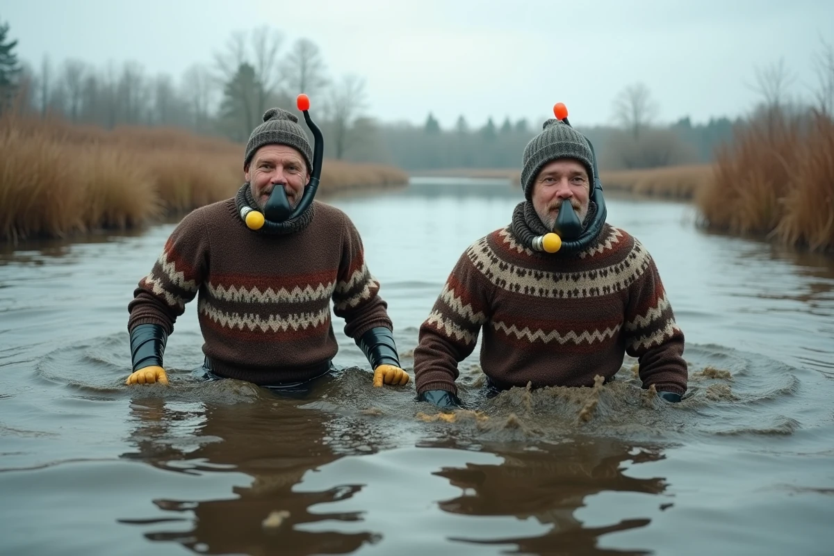 Deux hommes en pull nordique pratiquant le snorkeling en tourbière, sport insolite dans un marais rural