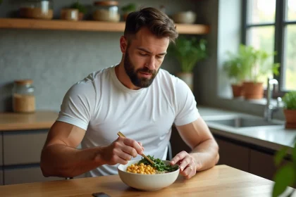 Sportif préparant un repas riche en protéines végétales avec tofu, pois chiches et quinoa dans une cuisine moderne