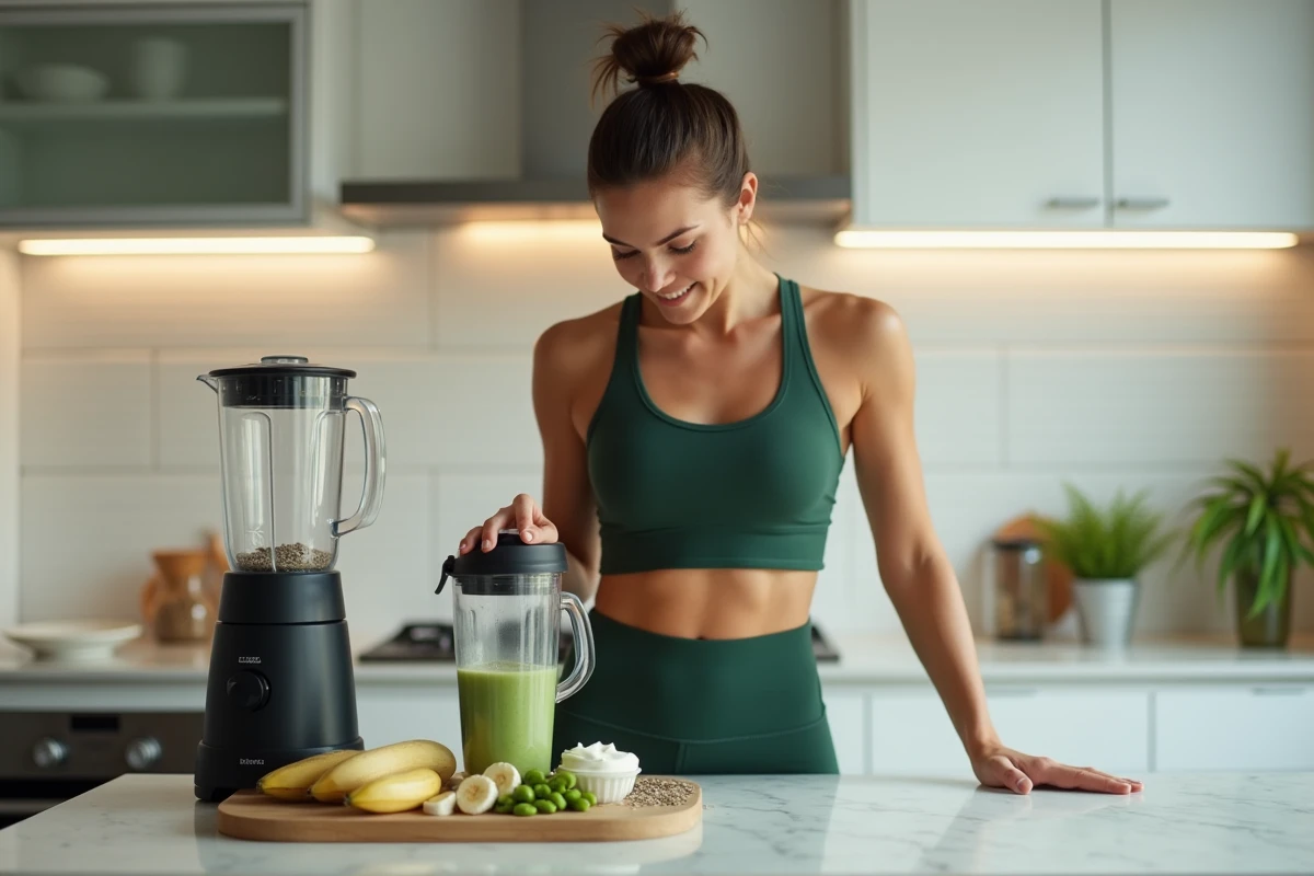 Sportive préparant un smoothie protéiné végétal avec edamame et graines de chanvre après l'entraînement