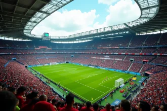 Vue aérienne d'un stade de football bondé lors d'une compétition mondiale avec des milliers de supporters
