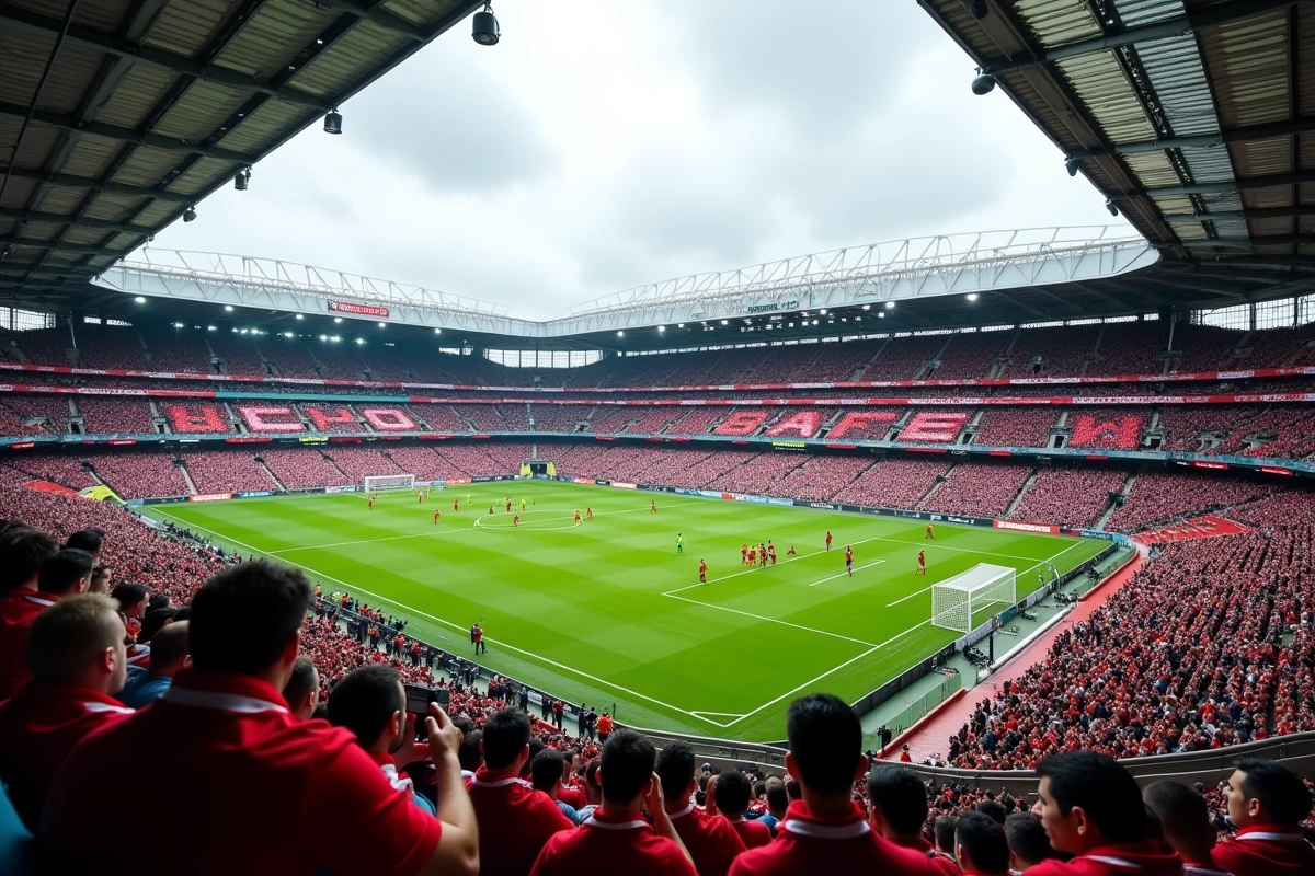 Stade de football bondé de supporters colorés en attente du coup d'envoi d'une prochaine compétition