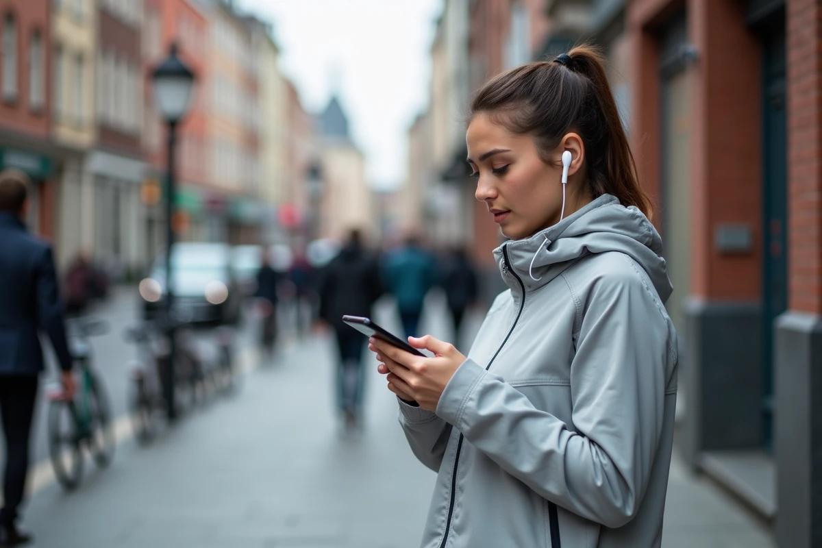 Femme consultant les scores sportifs en direct sur son smartphone dans la rue