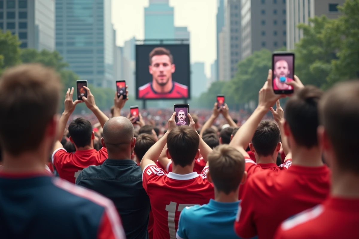 Foule de supporters en maillots de sport filmant un écran géant affichant un athlète célèbre dans une fan zone urbaine, illustrant la popularité mondiale d'un sportif