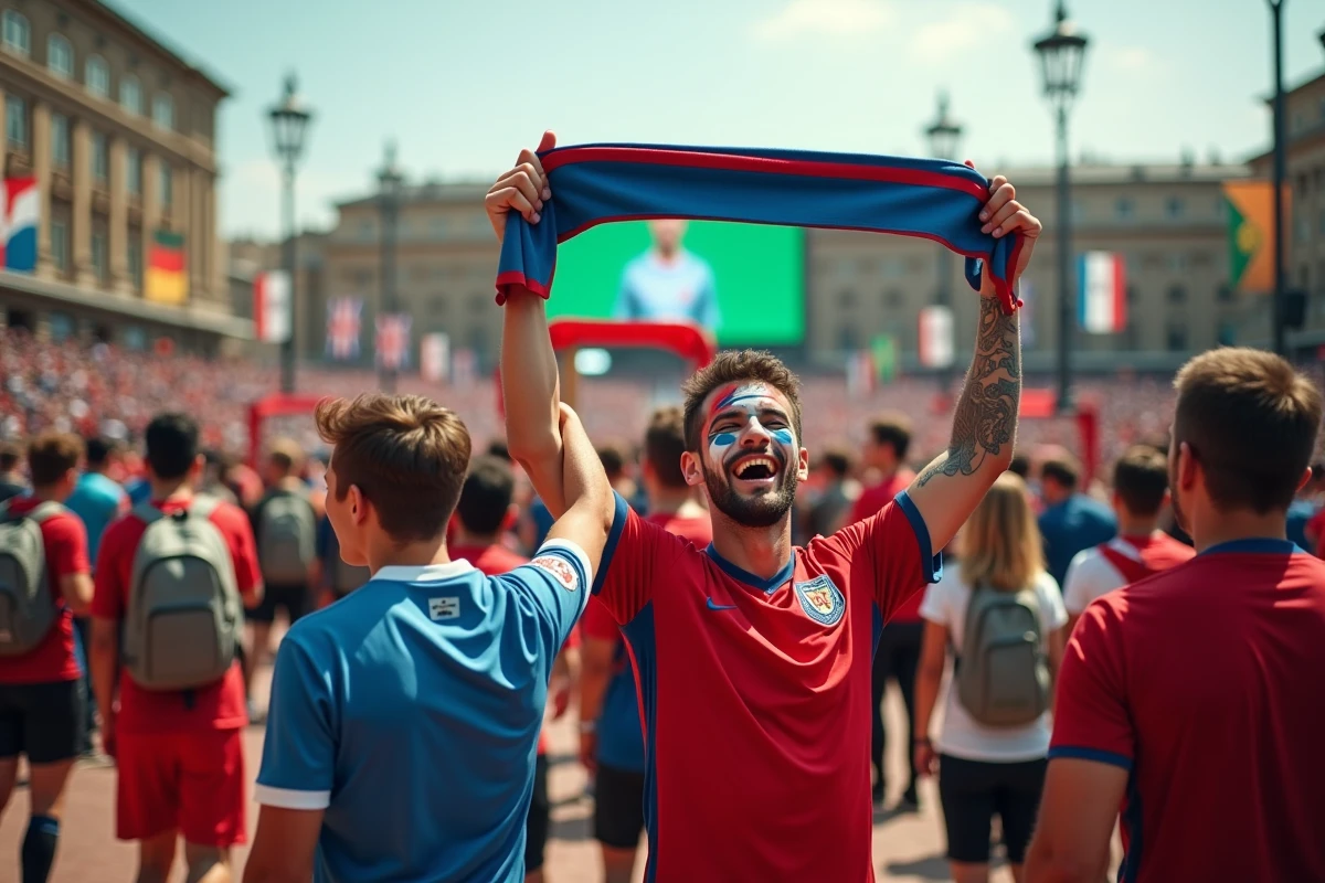 Foule de supporters internationaux dans une fan zone urbaine admirant leur joueur de football préféré sur grand écran