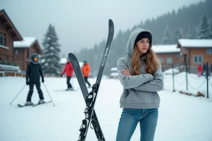 Femme mal habillée pour skier avec jeans, sweat en coton et baskets dans une station de ski alpine