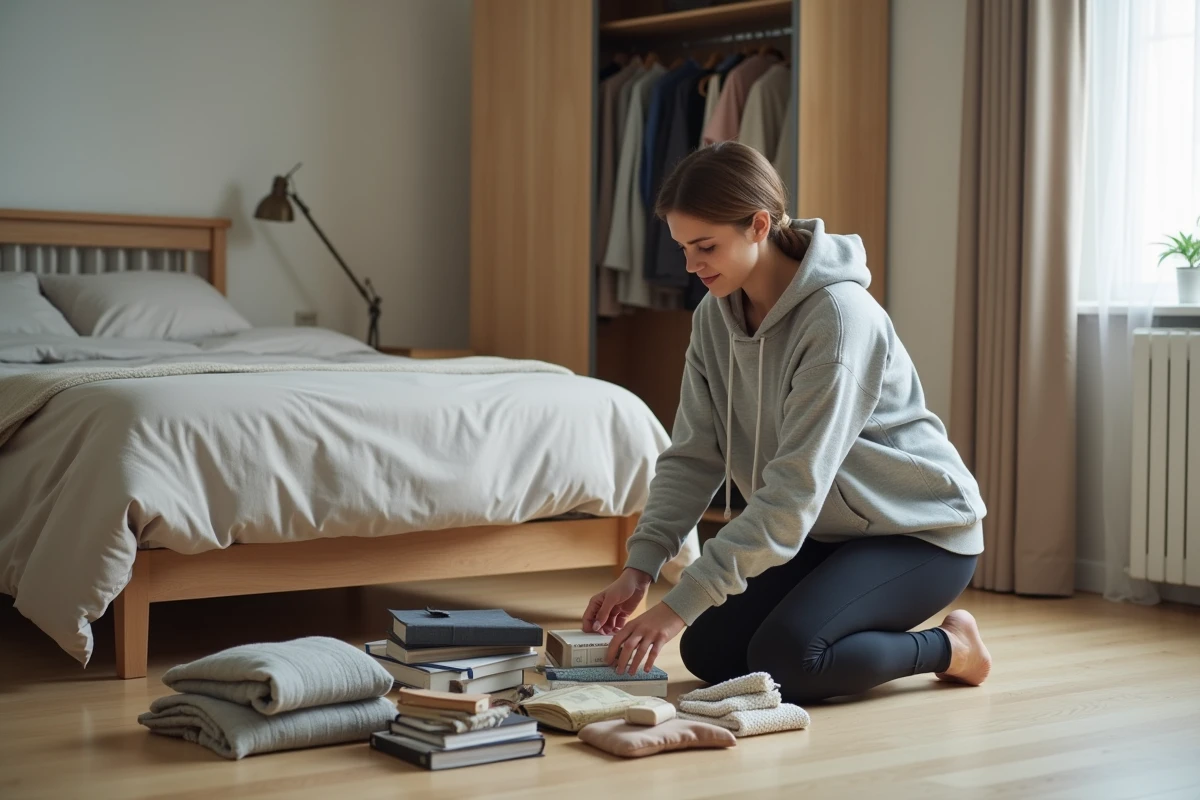 Jeune femme triant des objets du quotidien par catégories sur le sol d'une chambre rangée et minimaliste