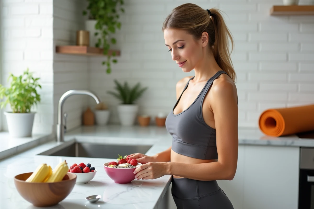 Femme végane préparant un bol de smoothie après l'entraînement dans une cuisine moderne