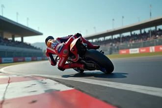 Moto2 en plein virage sur circuit de course, pilote en position aérodynamique avec angle d'inclinaison extrême