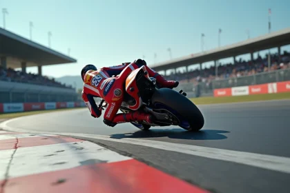 Moto2 en plein virage sur circuit de course, pilote en position aérodynamique avec angle d'inclinaison extrême