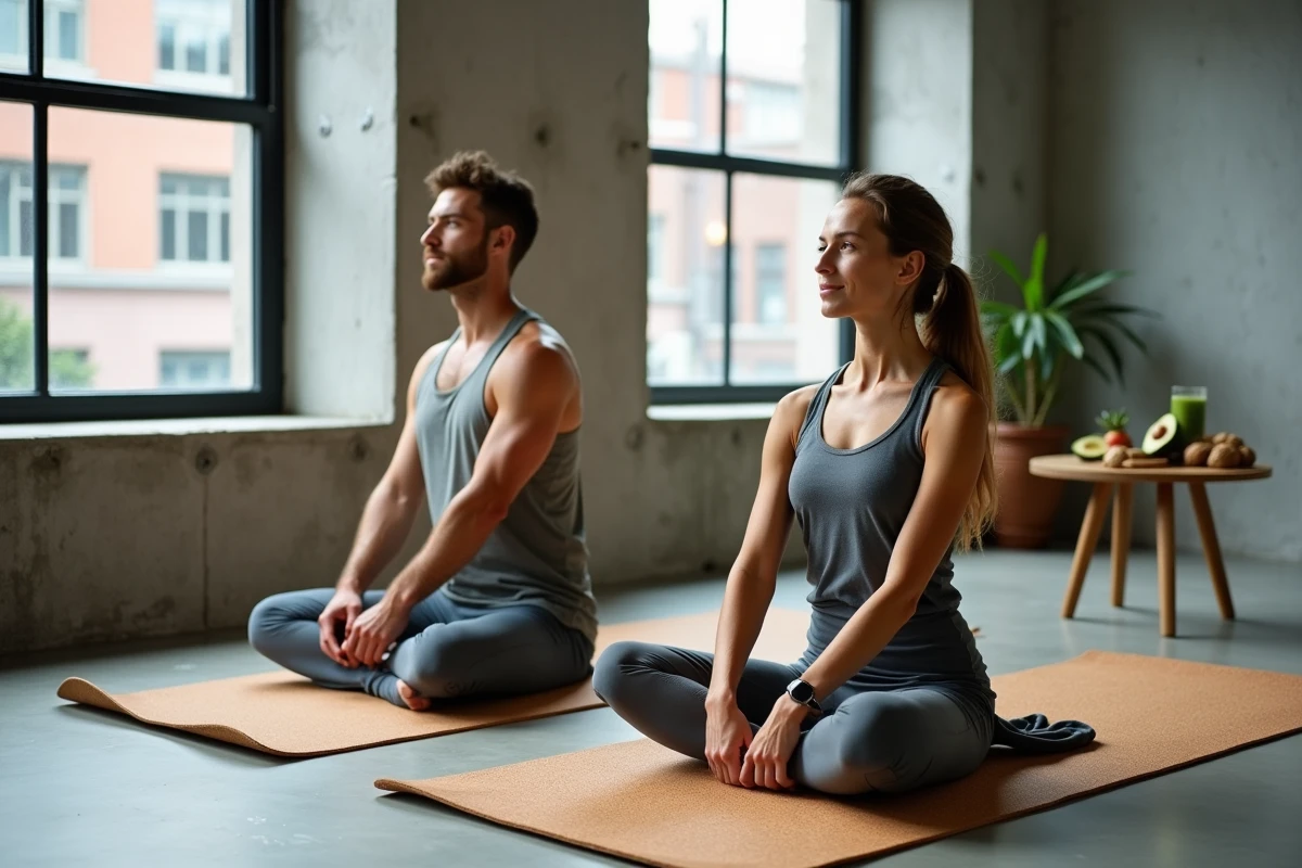 Deux pratiquants de yoga véganes dans un studio minimaliste avec des aliments végétaux